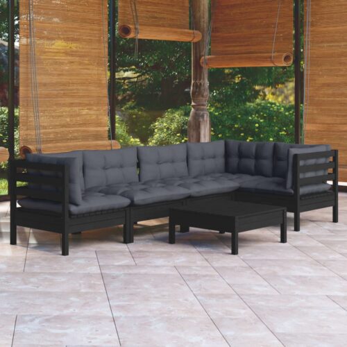 6-Piece Garden Lounge Set with Cushions Black Pine Wood Outdoor Patio Furniture - Image 2