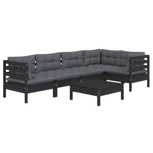 6-Piece Garden Lounge Set with Cushions Black Pine Wood Outdoor Patio Furniture - Image 3