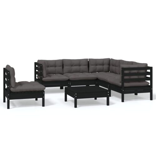 6-Piece Garden Lounge Set with Cushions Black Pine Wood Outdoor Patio Furniture