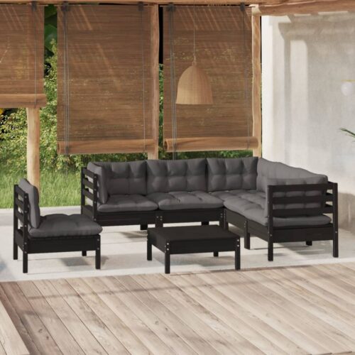 6-Piece Garden Lounge Set with Cushions Black Pine Wood Outdoor Patio Furniture - Image 2