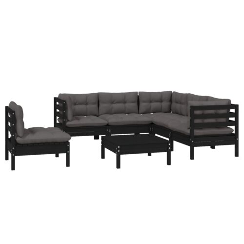 6-Piece Garden Lounge Set with Cushions Black Pine Wood Outdoor Patio Furniture - Image 3