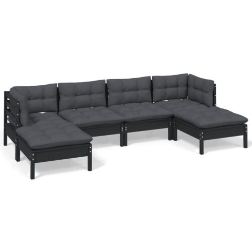 6-Piece Garden Lounge Set with Cushions Black Pine Wood Outdoor Patio Furniture - Image 2