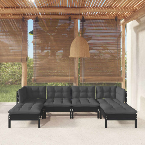6-Piece Garden Lounge Set with Cushions Black Pine Wood Outdoor Patio Furniture - Image 3