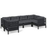 6-Piece Garden Lounge Set with Cushions Black Pine Wood Outdoor Patio Furniture