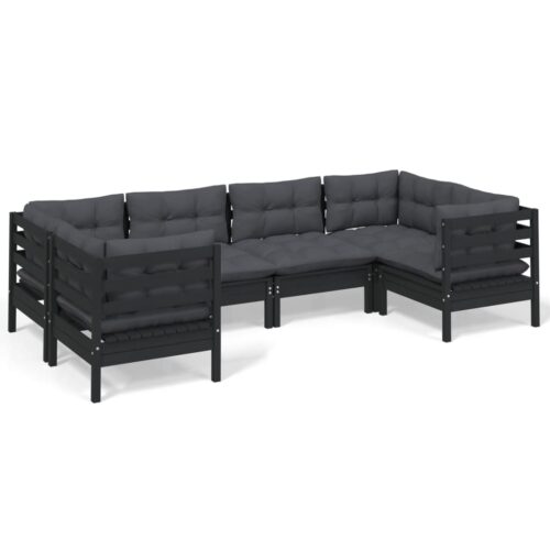 6-Piece Garden Lounge Set with Cushions Black Pine Wood Outdoor Patio Furniture