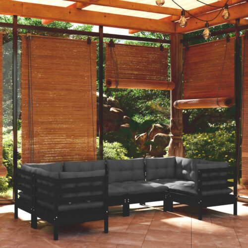 6-Piece Garden Lounge Set with Cushions Black Pine Wood Outdoor Patio Furniture - Image 3