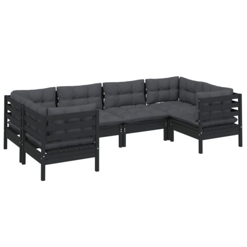 6-Piece Garden Lounge Set with Cushions Black Pine Wood Outdoor Patio Furniture - Image 4