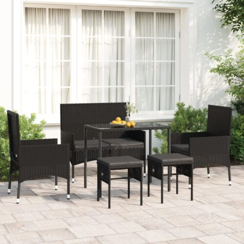 6-Piece Garden Lounge Set with Cushions Black Poly Rattan Wicker Outdoor Patio Furniture - Image 2