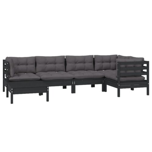 6-Piece Garden Lounge Set with Cushions Black Pine Wood Outdoor Patio Furniture - Image 3