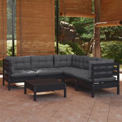 6-Piece Garden Lounge Set with Cushions Black Pine Wood Outdoor Patio Furniture - Image 2