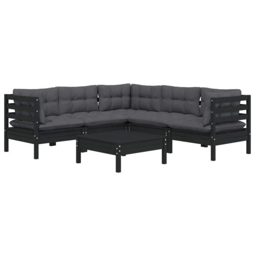6-Piece Garden Lounge Set with Cushions Black Pine Wood Outdoor Patio Furniture - Image 3