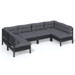 6-Piece Garden Lounge Set with Cushions Black Pine Wood Outdoor Patio Furniture