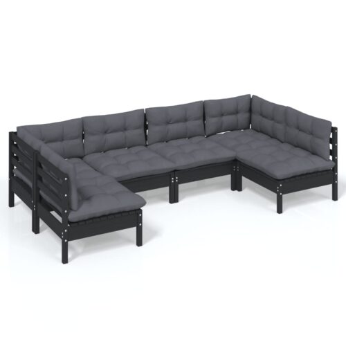 6-Piece Garden Lounge Set with Cushions Black Pine Wood Outdoor Patio Furniture