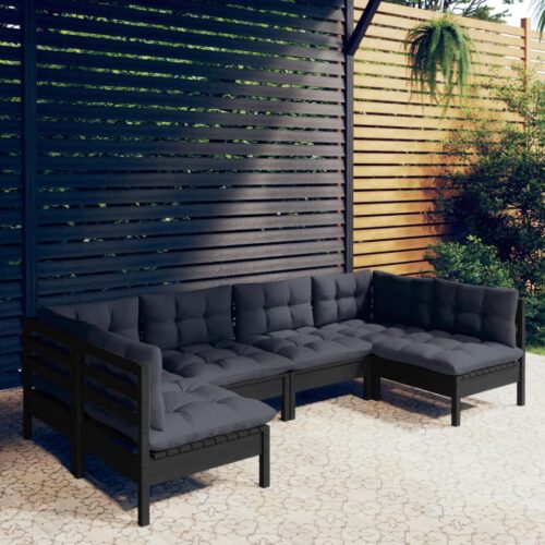 6-Piece Garden Lounge Set with Cushions Black Pine Wood Outdoor Patio Furniture - Image 2