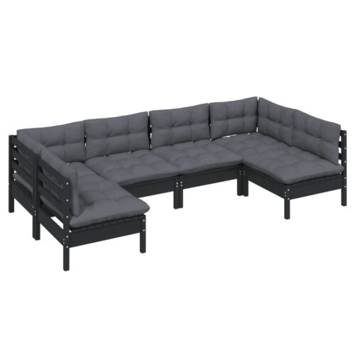 6-Piece Garden Lounge Set with Cushions Black Pine Wood Outdoor Patio Furniture - Image 3