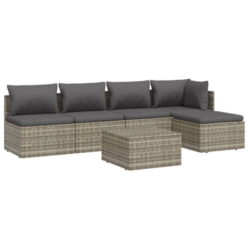 6-Piece Garden Lounge Set with Cushions Grey Poly Rattan Wicker Outdoor Patio Furniture - Image 4