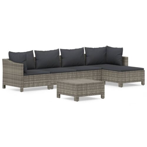 6-Piece Garden Lounge Set with Cushions Grey Poly Rattan Wicker Outdoor Patio Furniture