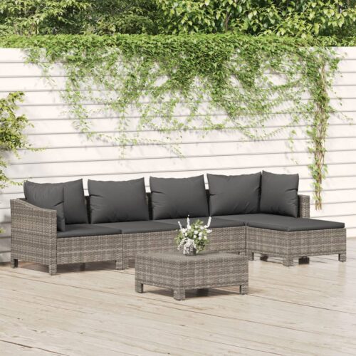 6-Piece Garden Lounge Set with Cushions Grey Poly Rattan Wicker Outdoor Patio Furniture - Image 3