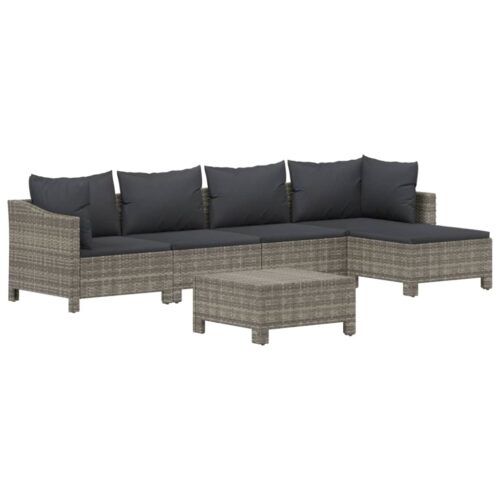 6-Piece Garden Lounge Set with Cushions Grey Poly Rattan Wicker Outdoor Patio Furniture - Image 4
