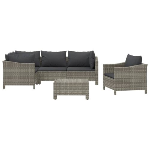 6-Piece Garden Lounge Set with Cushions Grey Poly Rattan Wicker Outdoor Patio Furniture - Image 3