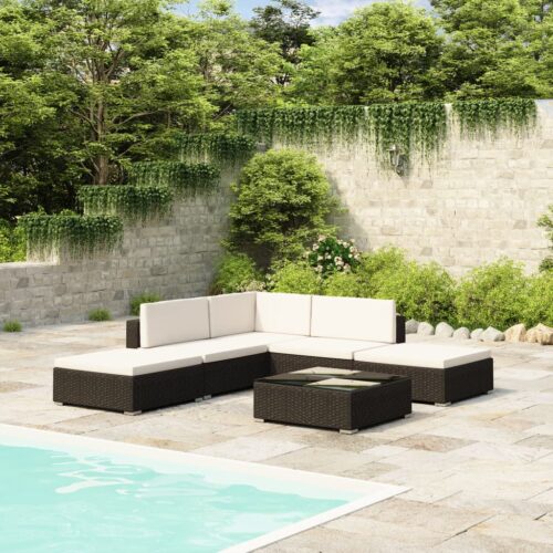 6-Piece Garden Lounge Set with Cushions Poly Rattan Wicker Outdoor Patio Furniture Black - Image 2