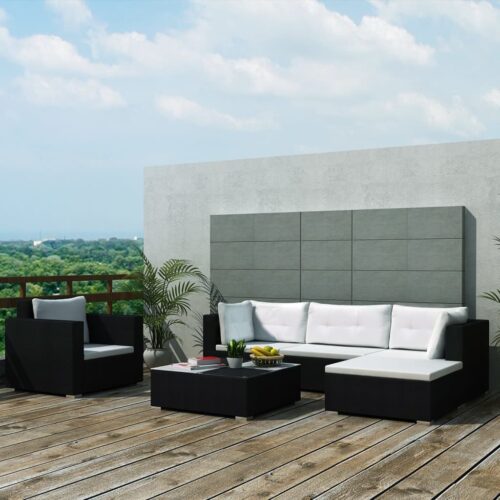 6-Piece Garden Lounge Set with Cushions Poly Rattan Wicker Outdoor Patio Furniture Black - Image 3