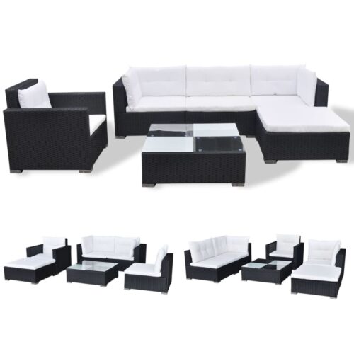 6-Piece Garden Lounge Set with Cushions Poly Rattan Wicker Outdoor Patio Furniture Black - Image 4