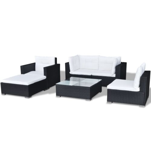6-Piece Garden Lounge Set with Cushions Poly Rattan Wicker Outdoor Patio Furniture Black - Image 7