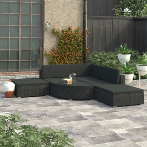 6-Piece Garden Lounge Set with Cushions Poly Rattan Wicker Outdoor Patio Furniture Black - Image 3