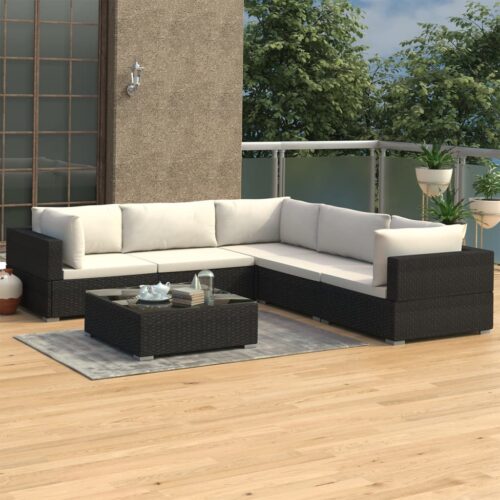 6-Piece Garden Lounge Set with Cushions Poly Rattan Wicker Outdoor Patio Furniture Black - Image 3