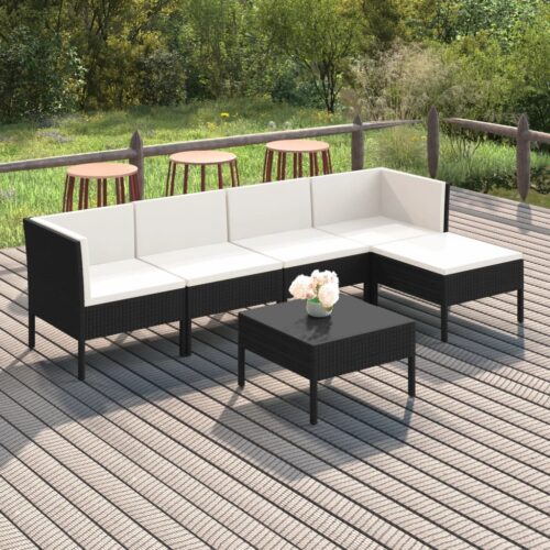 6-Piece Garden Lounge Set with Cushions Poly Rattan Wicker Outdoor Patio Furniture Black - Image 2