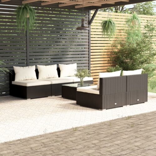 6-Piece Garden Lounge Set with Cushions Poly Rattan Wicker Outdoor Patio Furniture Black - Image 3