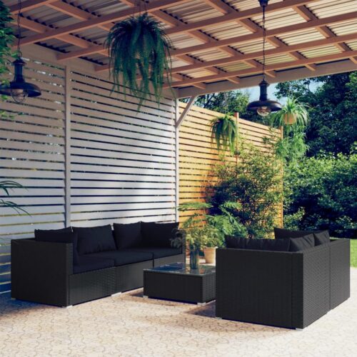 6-Piece Garden Lounge Set with Cushions Poly Rattan Wicker Outdoor Patio Furniture Black - Image 3