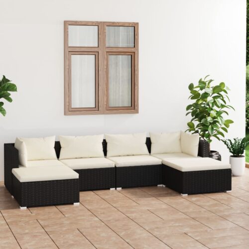 6-Piece Garden Lounge Set with Cushions Poly Rattan Wicker Outdoor Patio Furniture Black - Image 2