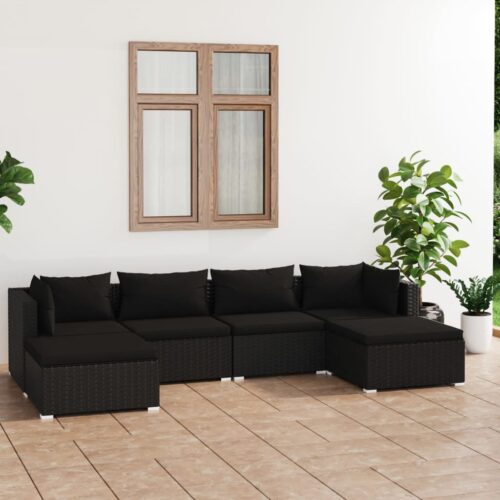 6-Piece Garden Lounge Set with Cushions Poly Rattan Wicker Outdoor Patio Furniture Black - Image 2