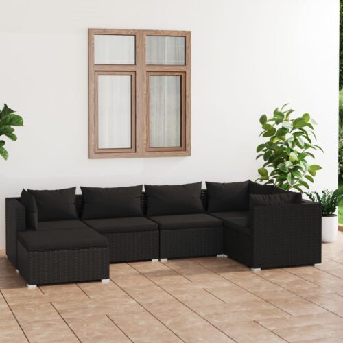 6-Piece Garden Lounge Set with Cushions Poly Rattan Wicker Outdoor Patio Furniture Black - Image 3