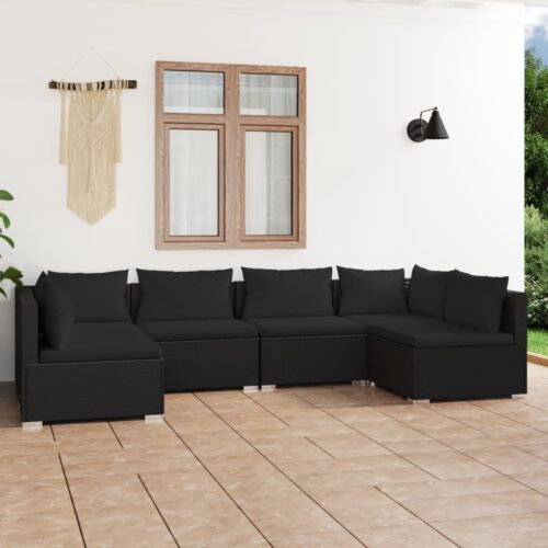 6-Piece Garden Lounge Set with Cushions Poly Rattan Wicker Outdoor Patio Furniture Black - Image 2