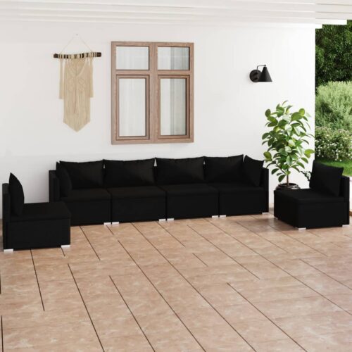 6-Piece Garden Lounge Set with Cushions Poly Rattan Wicker Outdoor Patio Furniture Black - Image 2