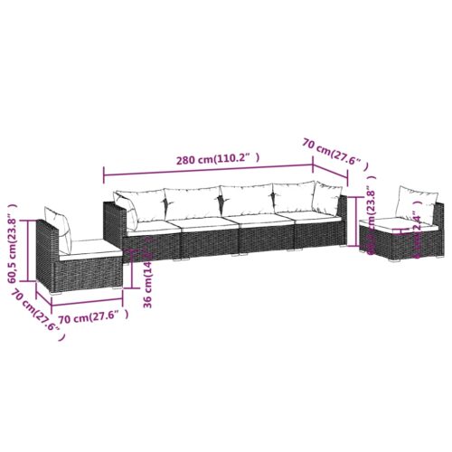 6-Piece Garden Lounge Set with Cushions Poly Rattan Wicker Outdoor Patio Furniture Black - Image 7