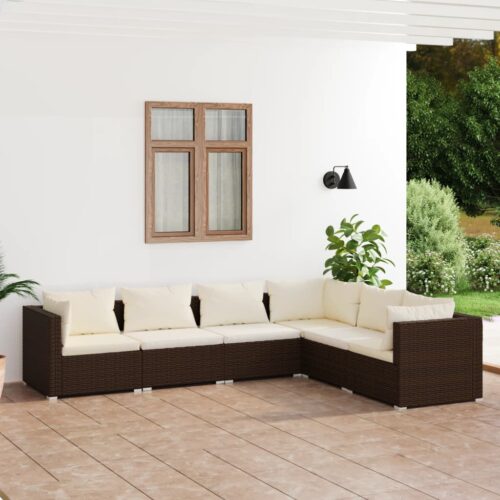 6-Piece Garden Lounge Set with Cushions Poly Rattan Wicker Outdoor Patio Furniture Brown - Image 2