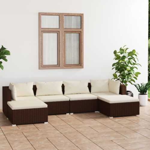 6-Piece Garden Lounge Set with Cushions Poly Rattan Wicker Outdoor Patio Furniture Brown - Image 2