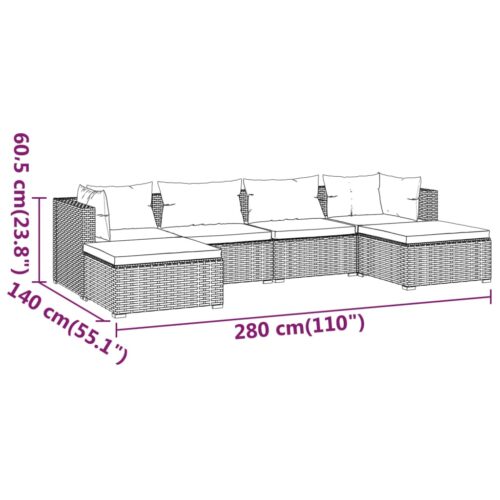 6-Piece Garden Lounge Set with Cushions Poly Rattan Wicker Outdoor Patio Furniture Brown - Image 9