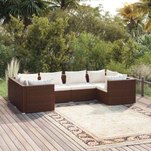 6-Piece Garden Lounge Set with Cushions Poly Rattan Wicker Outdoor Patio Furniture Brown - Image 2