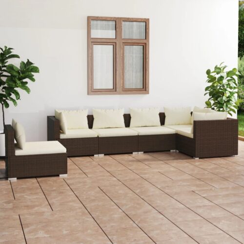 6-Piece Garden Lounge Set with Cushions Poly Rattan Wicker Outdoor Patio Furniture Brown - Image 2