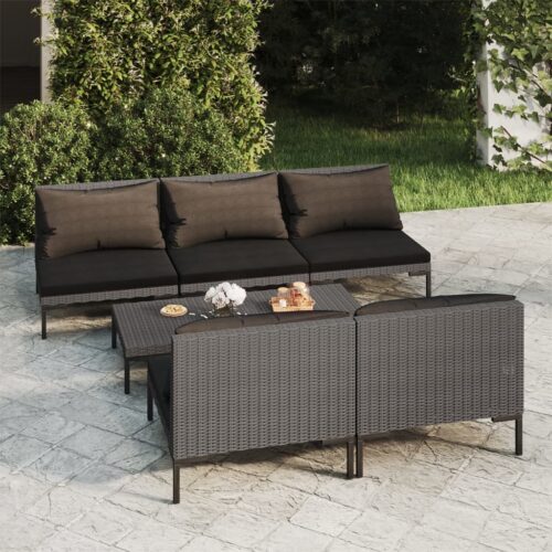 6-Piece Garden Lounge Set with Cushions Poly Rattan Wicker Outdoor Patio Furniture Dark Grey - Image 2