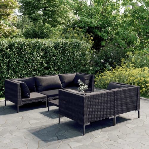 6-Piece Garden Lounge Set with Cushions Poly Rattan Wicker Outdoor Patio Furniture Dark Grey - Image 2