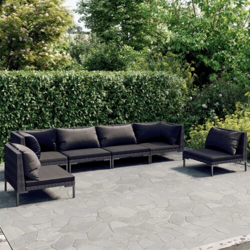 6-Piece Garden Lounge Set with Cushions Poly Rattan Wicker Outdoor Patio Furniture Dark Grey - Image 2