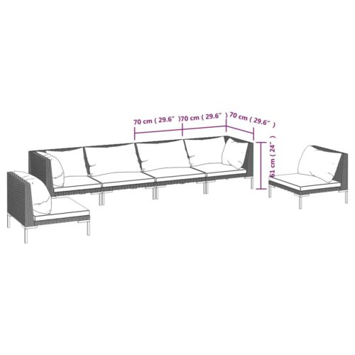 6-Piece Garden Lounge Set with Cushions Poly Rattan Wicker Outdoor Patio Furniture Dark Grey - Image 7