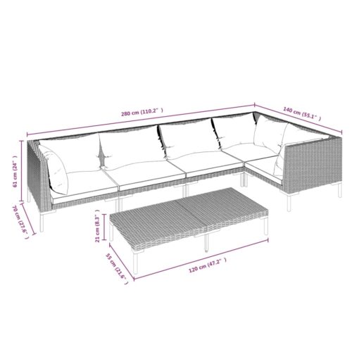 6-Piece Garden Lounge Set with Cushions Poly Rattan Wicker Outdoor Patio Furniture Dark Grey - Image 9
