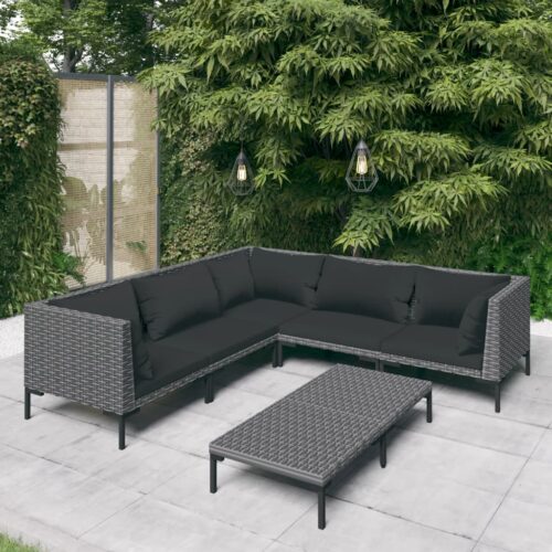 6-Piece Garden Lounge Set with Cushions Poly Rattan Wicker Outdoor Patio Furniture Dark Grey - Image 2